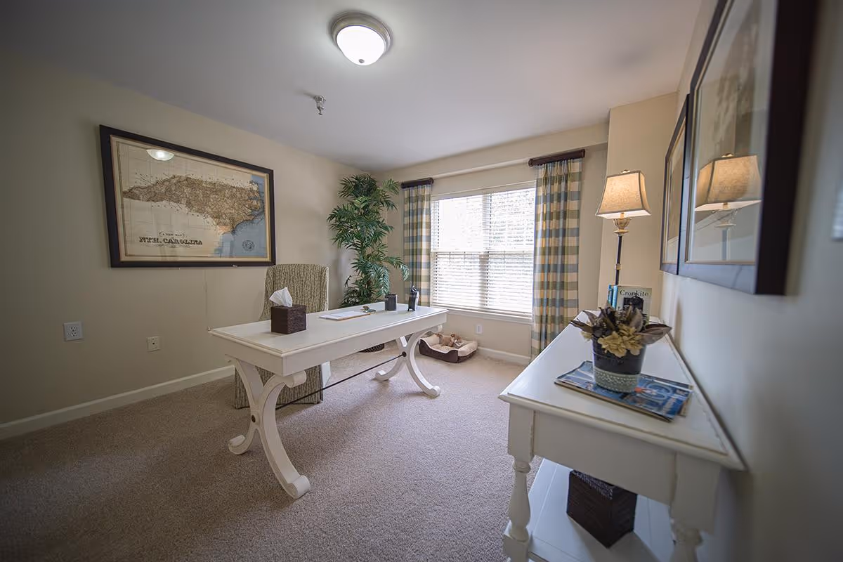 Sunlit furnished sitting room/office with a white desk, chair, console table with lamp and decorative plants beneath a window with plaid curtains.