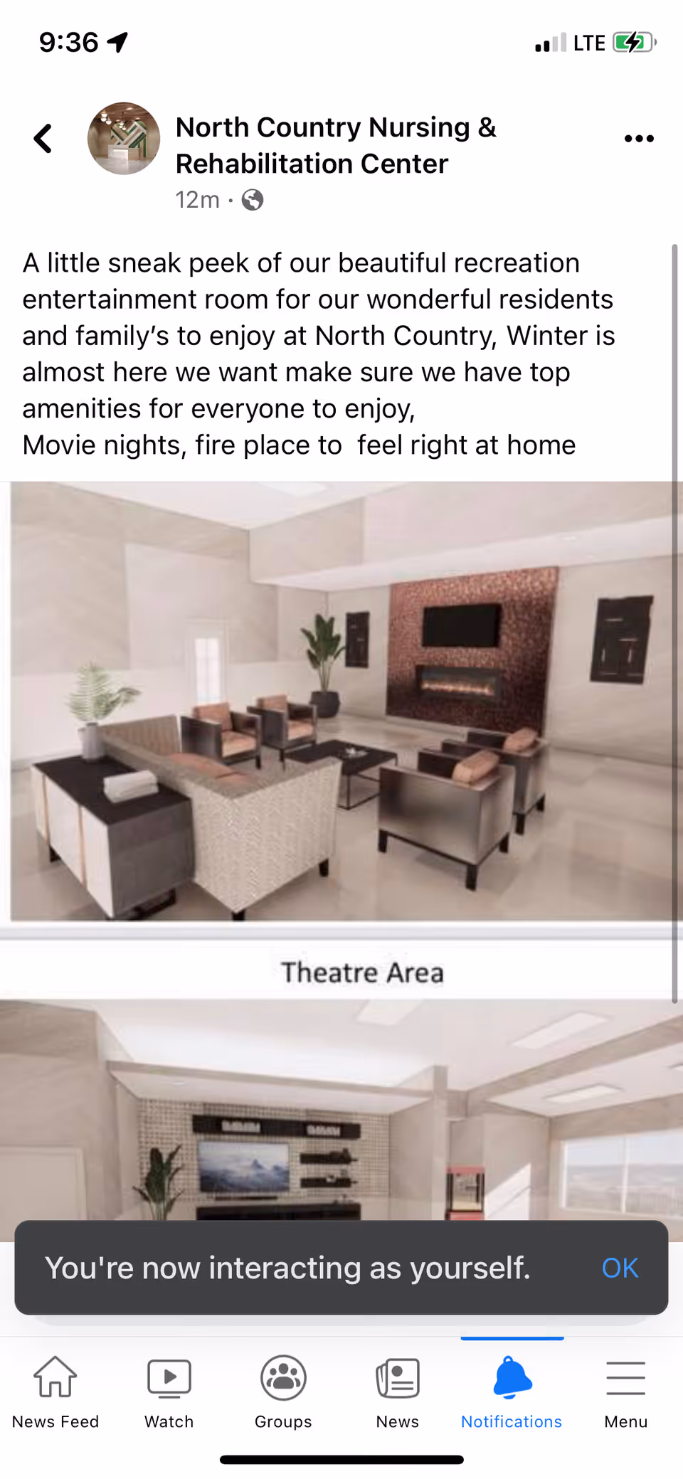 A modern recreation entertainment room with comfortable seating including sofas and armchairs arranged around a coffee table. The room features a fireplace with a mounted flat-screen TV above it, decorative wall art, and potted plants. The space is bright with natural light coming in through windows.