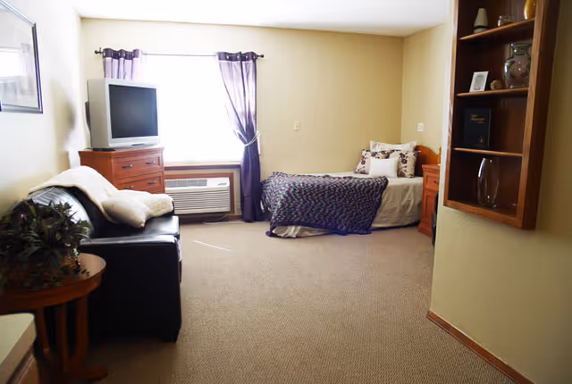 A cozy room with a single bed covered with a patterned blanket and pillows, a black leather couch with a white pillow and blanket, a wooden dresser with a TV on top, a window with purple curtains, a small wooden side table with a plant, and a built-in wooden shelf on the wall.