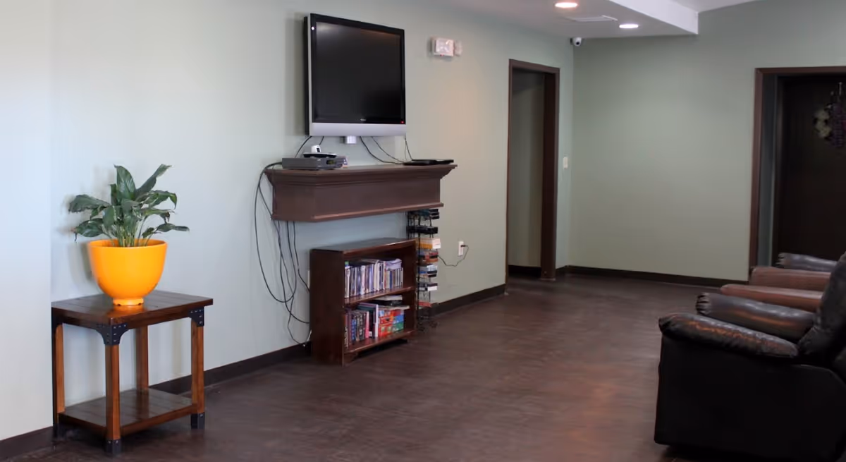 A living room area with a mounted flat-screen TV above a wooden shelf, a small bookshelf filled with books and DVDs, a wooden side table with a bright orange pot holding a green plant, and several dark leather recliner chairs along the right side. The walls are painted light green and the floor is dark wood.
