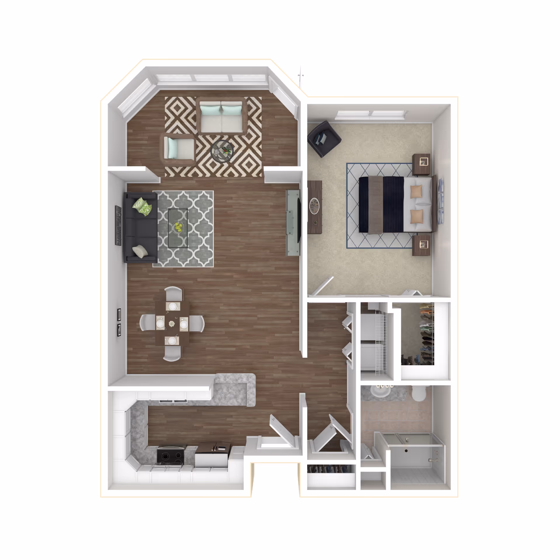 3D floor plan of a one-bedroom apartment featuring a bedroom with a bed, two nightstands, a chair, and a dresser. Adjacent to the bedroom is a bathroom with a shower, toilet, and sink. The living area includes a sofa, armchair, coffee table, and a dining table with four chairs. The kitchen has a U-shaped counter with appliances including a stove and refrigerator. There is also a small sitting area with a loveseat and chair near large windows.