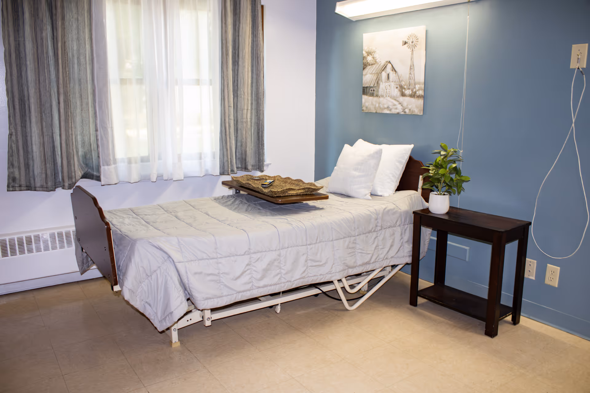 A tidy single bed with white linens and pillows in a simple room next to a dark bedside table with a potted plant, a window with curtains, and artwork on a blue wall.