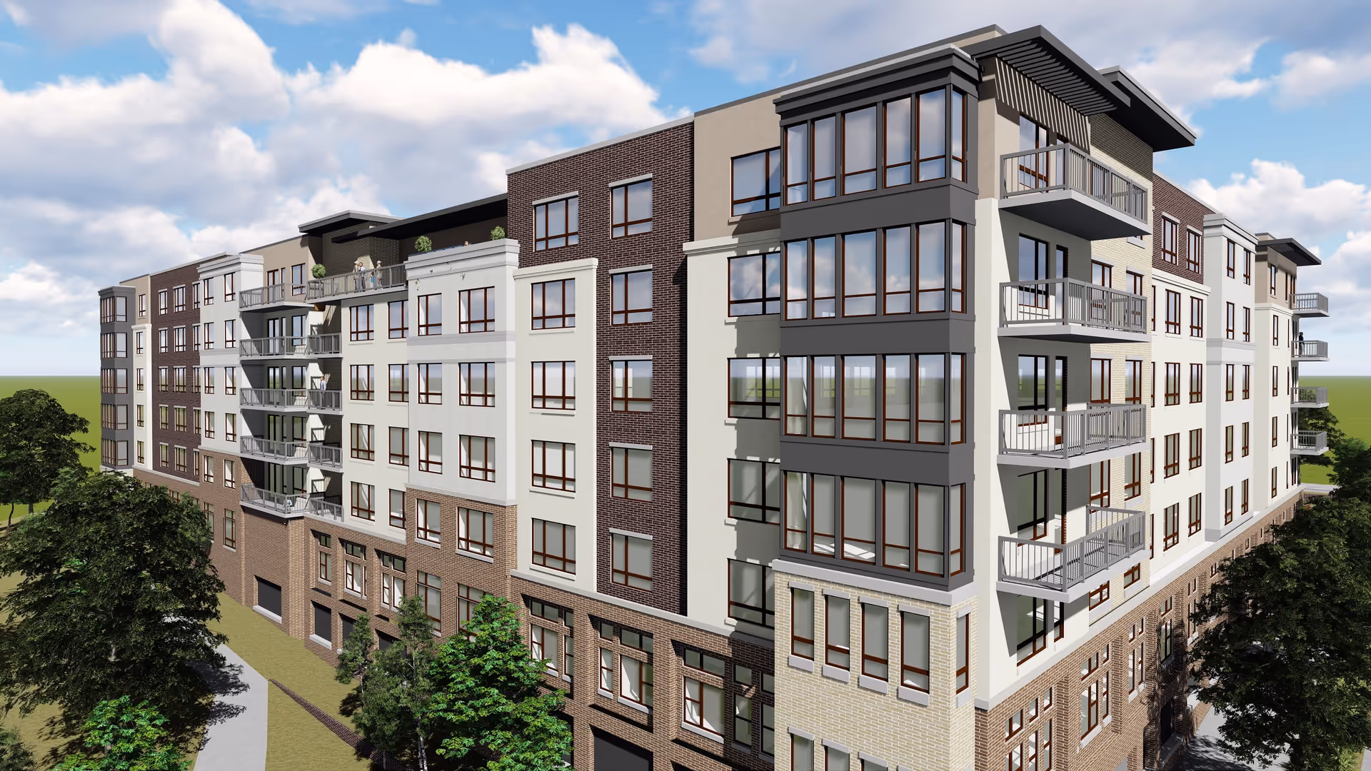 Exterior view of a multi-story residential building with balconies, large windows, and a mix of brick and light-colored siding, surrounded by trees and a pathway under a partly cloudy sky.