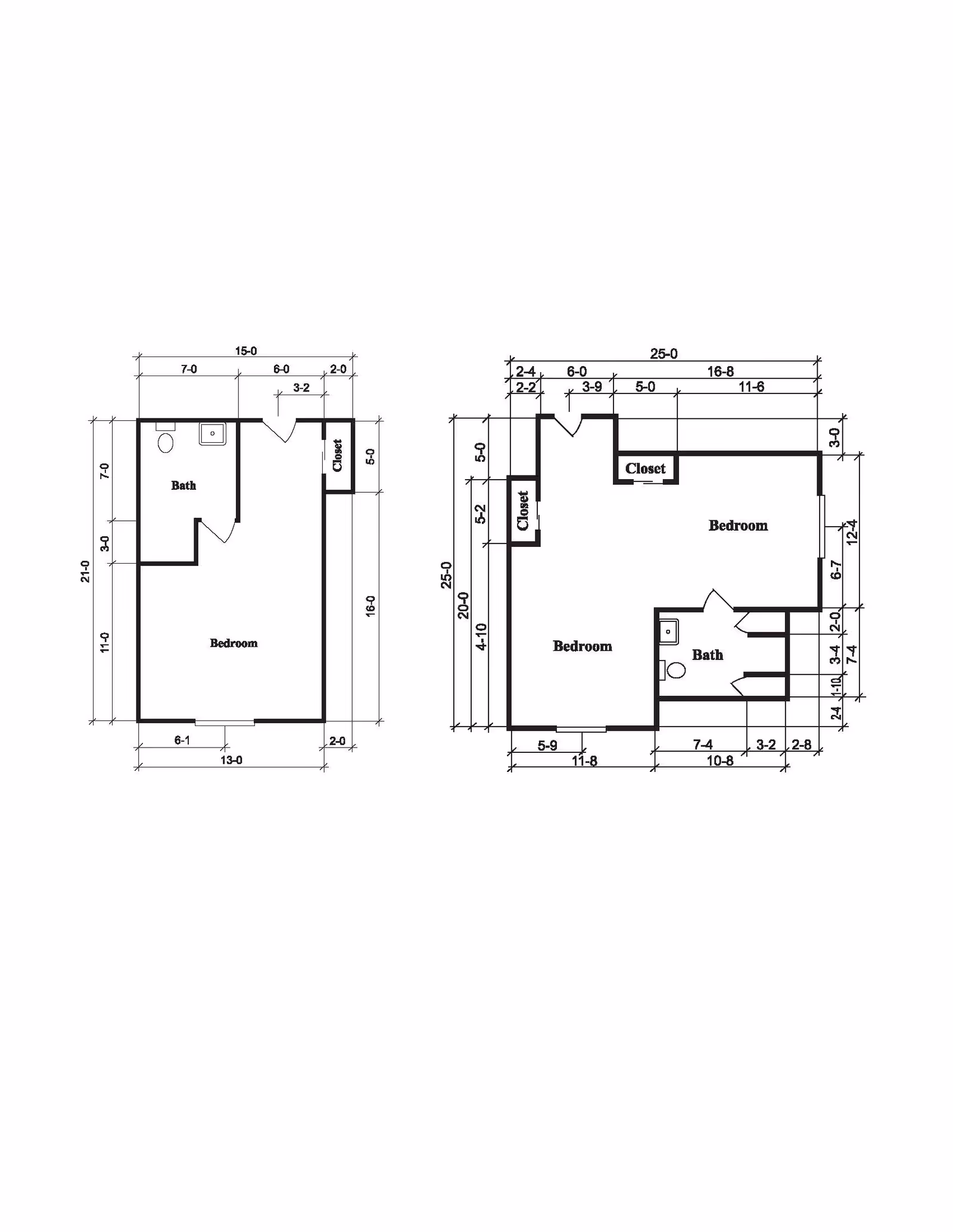 Architectural floor plan showing two layouts. The left layout includes a bedroom, bath, and closet with dimensions. The right layout includes two bedrooms, a bath, and closets with detailed measurements.