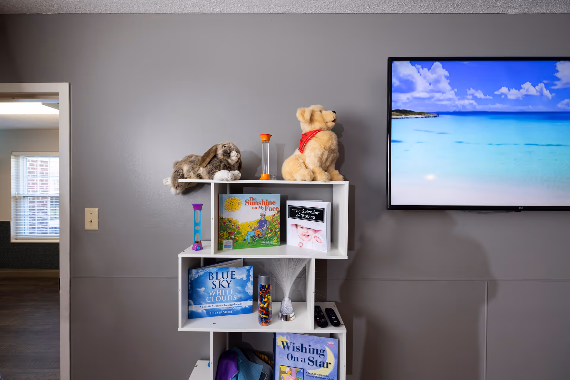 A white multi-level shelf against a gray wall holding stuffed animals, colorful books, and decorative items. To the right, a flat-screen TV displays a beach scene with blue sky and ocean. A doorway to another room with a window is visible on the left side.