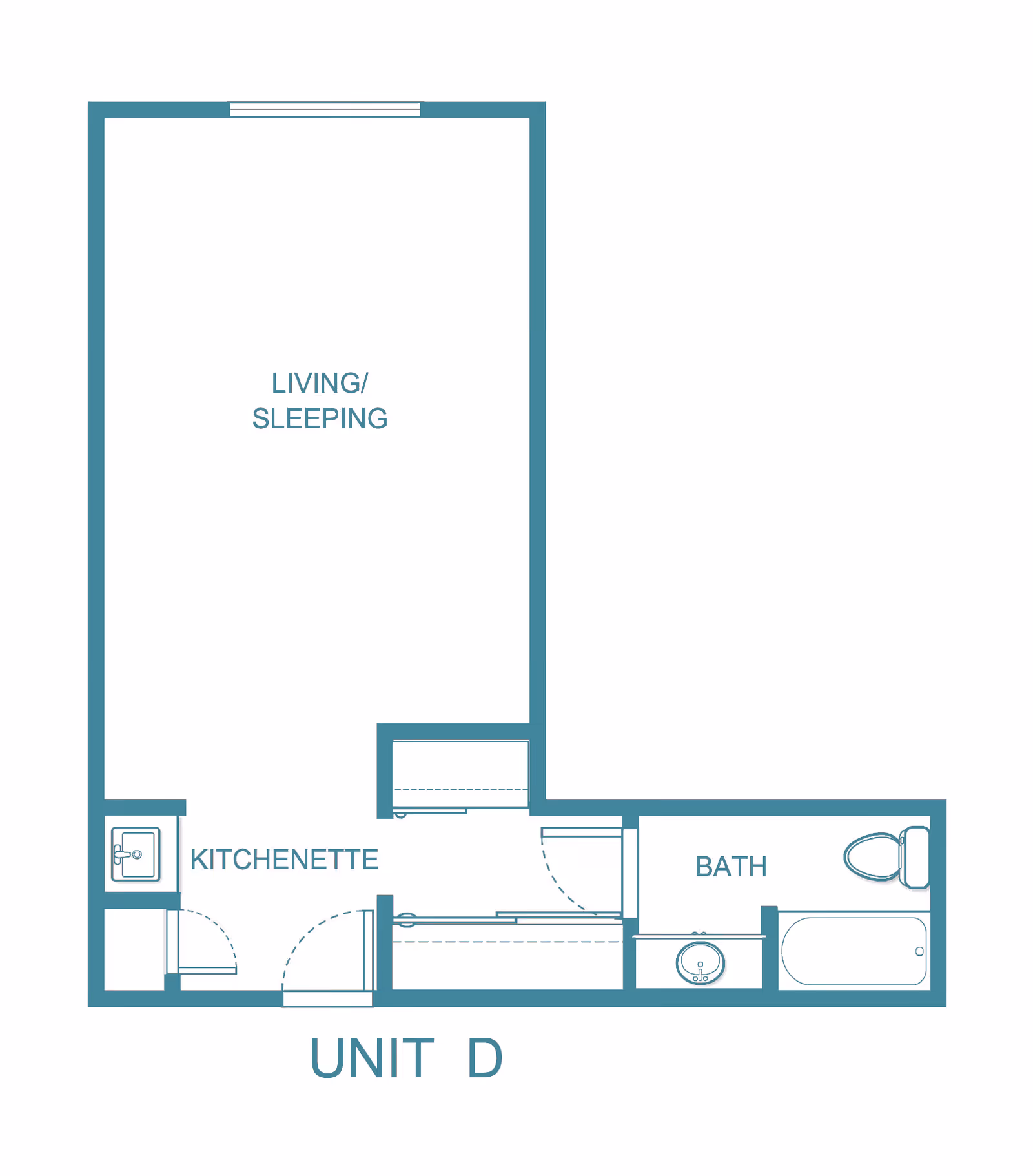 Floor plan of Unit D at Kamlu Retirement Inn-Vancouver showing a living/sleeping area, kitchenette, and bathroom with a bathtub, toilet, and sink.