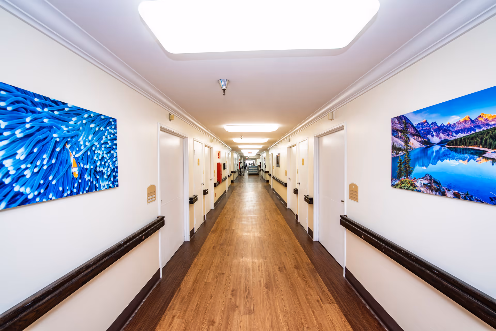 Long, well-lit hallway in a care facility with wood floors, handrails and colorful landscape artwork on the walls.