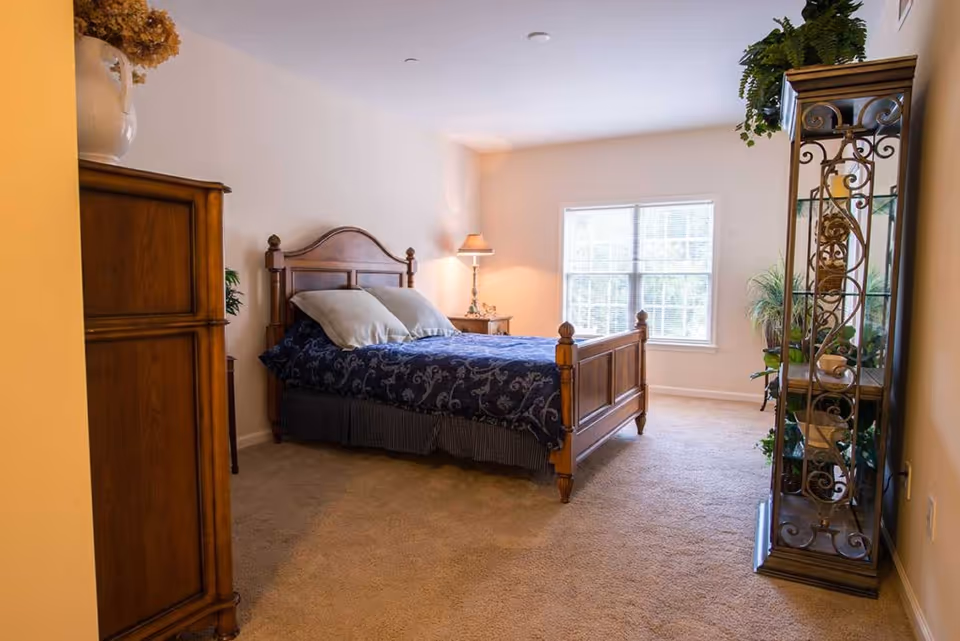 A bedroom with a wooden bed frame and a dark blue patterned bedspread, two pillows, a wooden dresser on the left, a nightstand with a lamp next to the bed, a window letting in natural light, and a tall decorative shelving unit with plants on the right.
