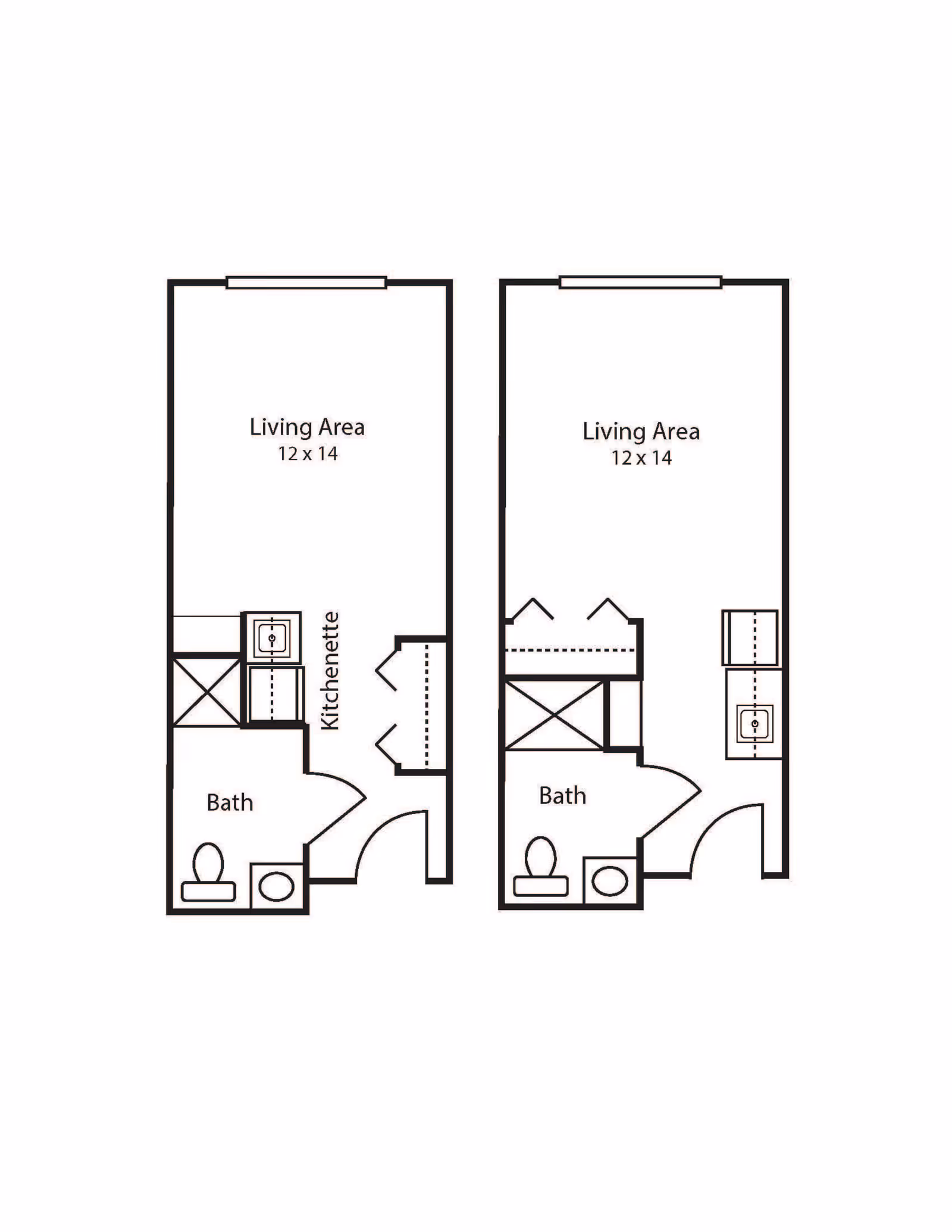 Architectural floor plan showing two studio apartment layouts each with a living area measuring 12 by 14 feet, a bathroom, and a kitchenette.