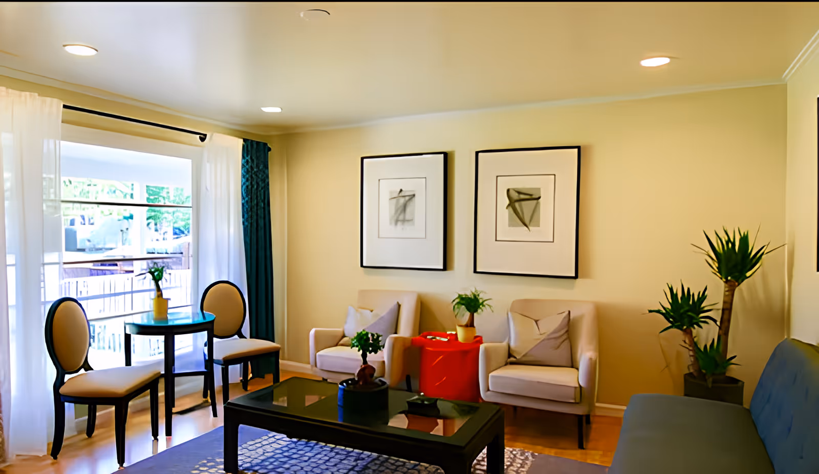 Bright living room with seating, a coffee table, framed artwork, and potted plants near a large sliding glass door.