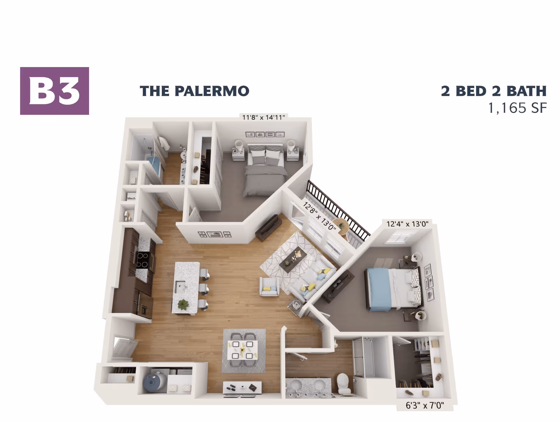 3D floor plan of The Palermo apartment layout featuring 2 bedrooms and 2 bathrooms, with a total area of 1,165 square feet. The layout includes a kitchen with an island and bar stools, a dining area with a table and chairs, a living room with a sofa and TV, two bedrooms with beds and nightstands, two bathrooms, and closets. Dimensions of rooms are labeled.