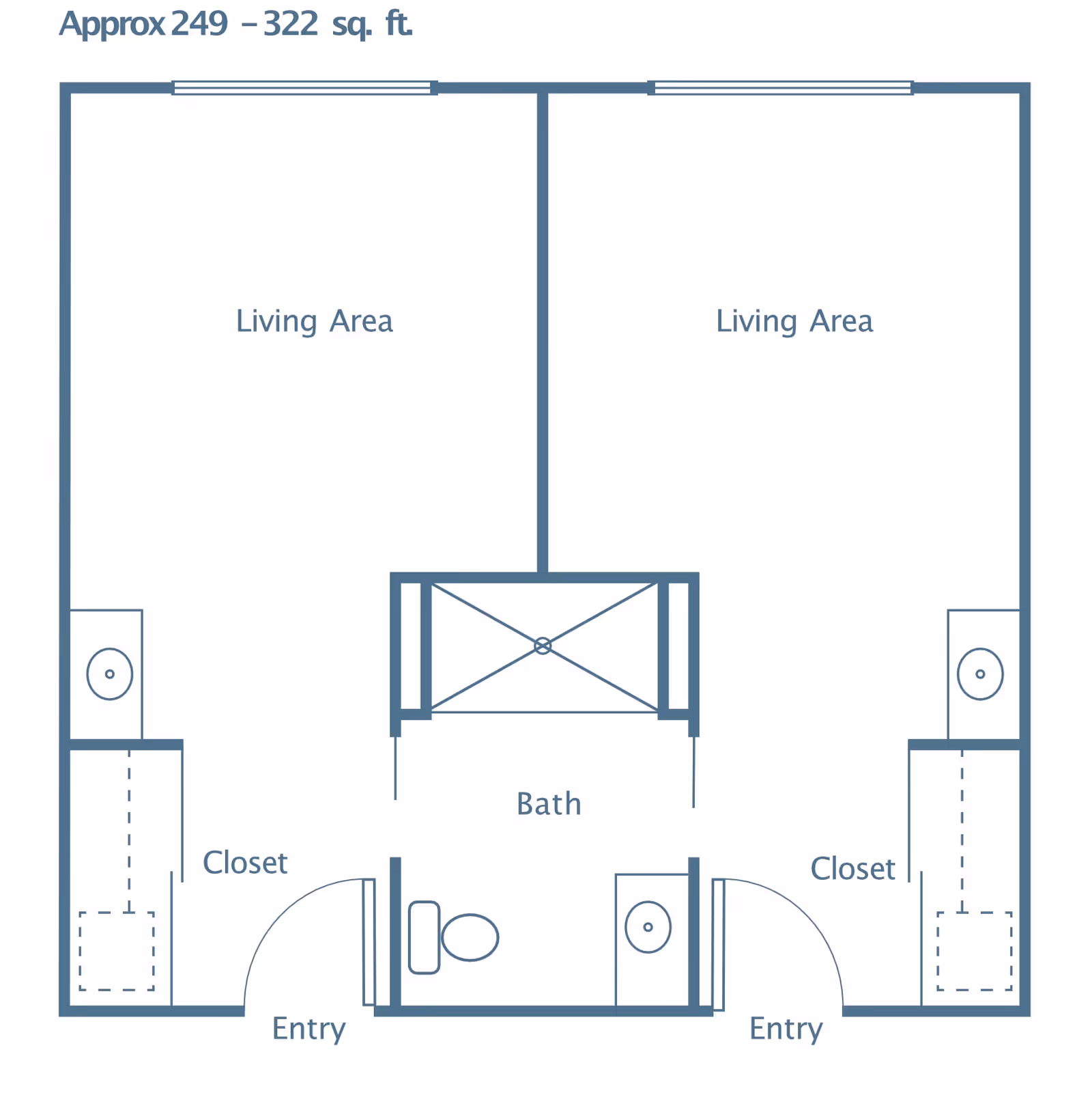 Floor plan showing two adjacent living areas, each with a closet and entry. A shared bathroom is located between the two living areas. The total area is approximately 249 to 322 square feet.
