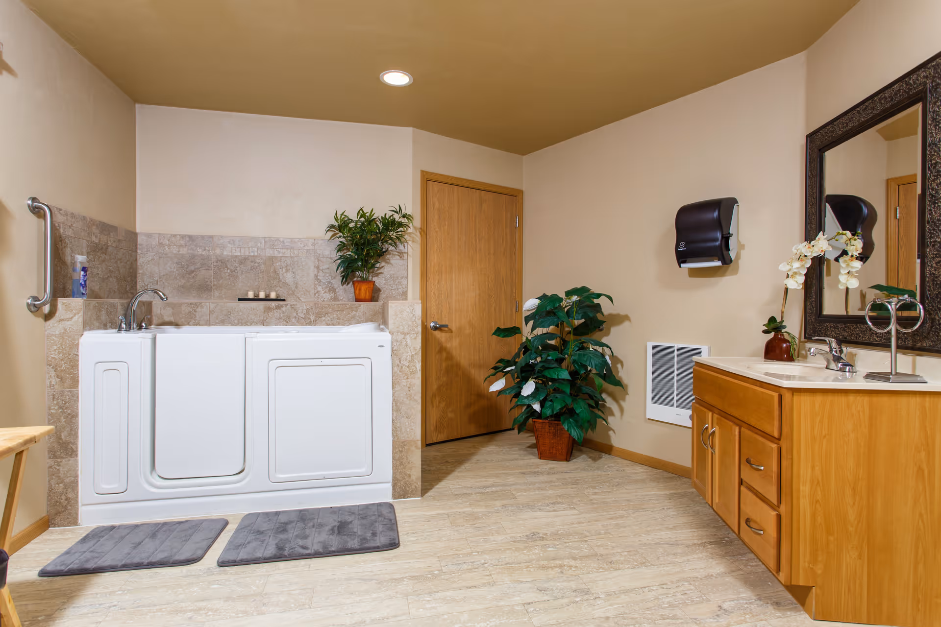 A spacious bathroom featuring a walk-in bathtub with a door, two gray bath mats on the floor, a wooden vanity with a sink and a large framed mirror above it, a wall-mounted paper towel dispenser, two potted plants, and a wooden door. The walls are beige and the floor has light-colored tiles.