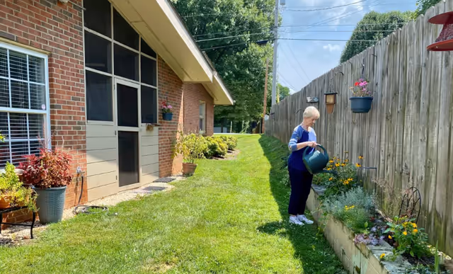 An elderly woman watering plants in a garden bed along a wooden fence next to a brick building on a sunny day with a clear blue sky.