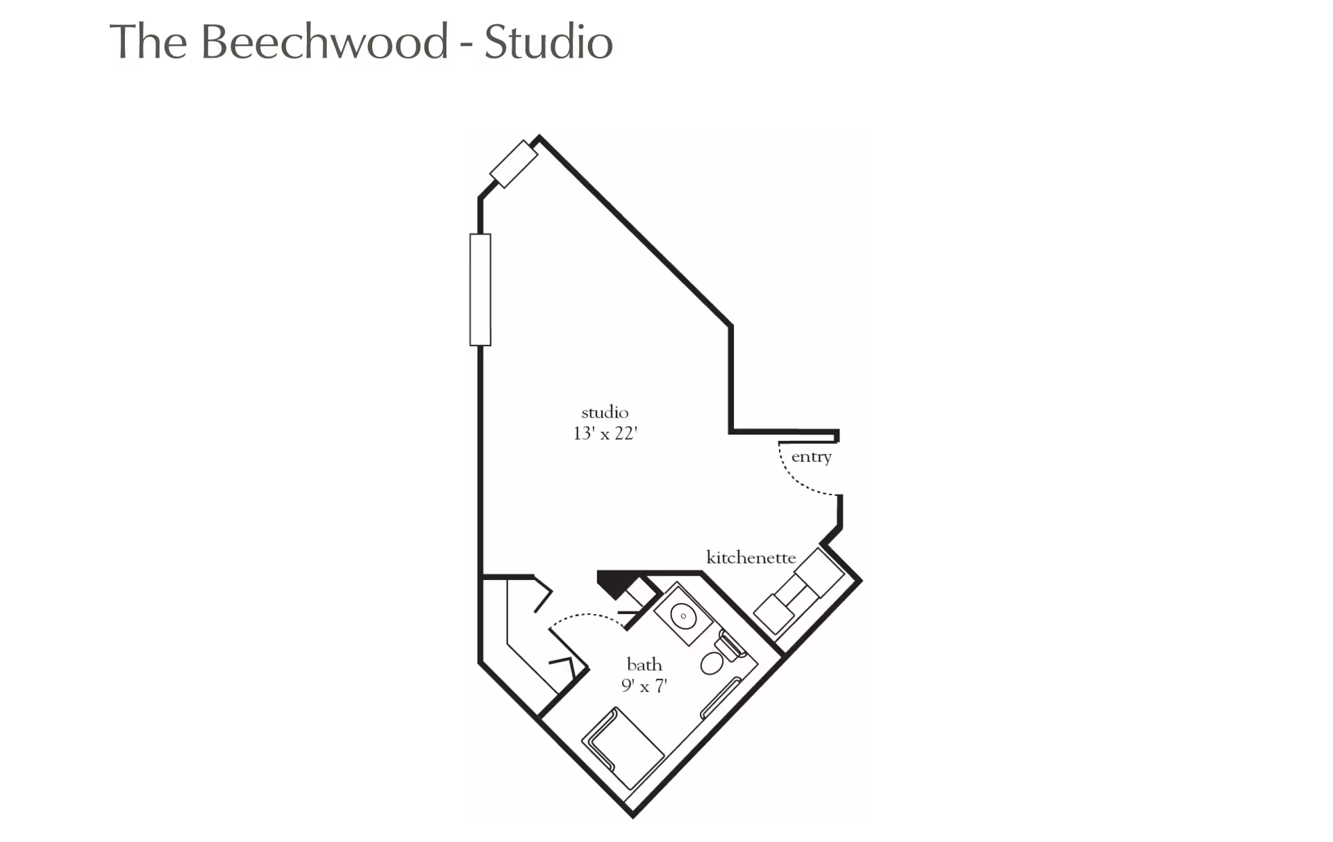 Floor plan titled The Beechwood - Studio showing a studio apartment layout with a 13 by 22 feet studio area, a kitchenette near the entry, and a bathroom measuring 9 by 7 feet.