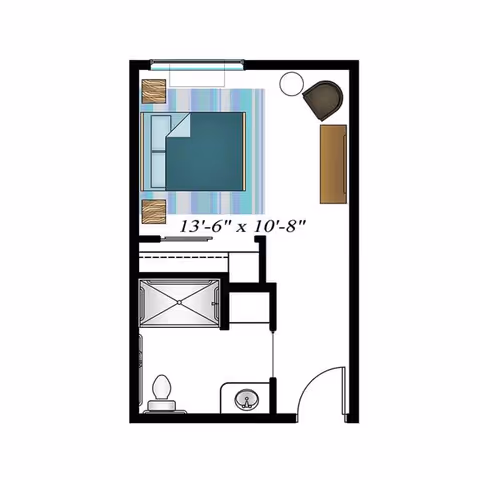 Floor plan of a small living space featuring a bedroom area with a bed, two nightstands, a chair, and a dresser. The room measures 13 feet 6 inches by 10 feet 8 inches. Adjacent to the bedroom is a bathroom with a toilet, sink, and shower.