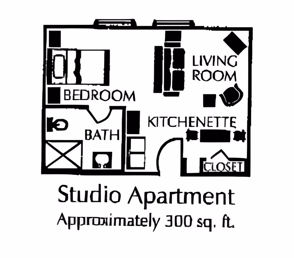 Black and white floor plan of a studio apartment approximately 300 square feet, showing labeled areas including bedroom, bath, kitchenette, living room, and closet.