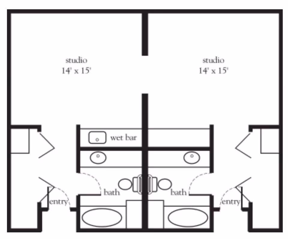 Architectural floor plan showing two adjacent studio apartments each measuring 14 feet by 15 feet. Each unit includes an entry, a bathroom with a bathtub and sink, and a wet bar area.