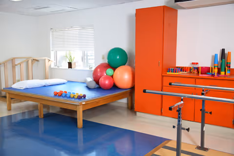 A rehabilitation room with a wooden therapy bed covered with a blue mat and a white pillow. Several colorful exercise balls are stacked near the bed. There are small dumbbells lined up on the bed. An orange cabinet and countertop with various therapy tools and equipment are against the wall. Parallel bars for walking exercises are in the foreground. A window with blinds and a small potted plant is on the wall behind the bed.