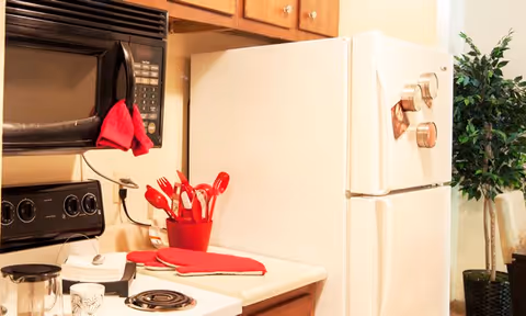 A compact kitchen area featuring a white refrigerator with magnets, a black microwave mounted above a black stove with coil burners, wooden cabinets, and red kitchen utensils in a container on the countertop. A small potted plant is visible in the background.