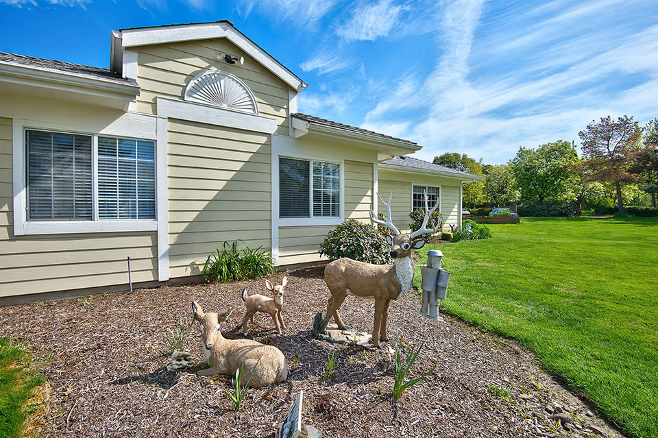 Exterior view of a light yellow building with white trim under a blue sky. In front of the building, there is a garden bed with mulch and three decorative deer statues along with a small robot statue. The surrounding area includes a well-maintained green lawn and trees in the background.