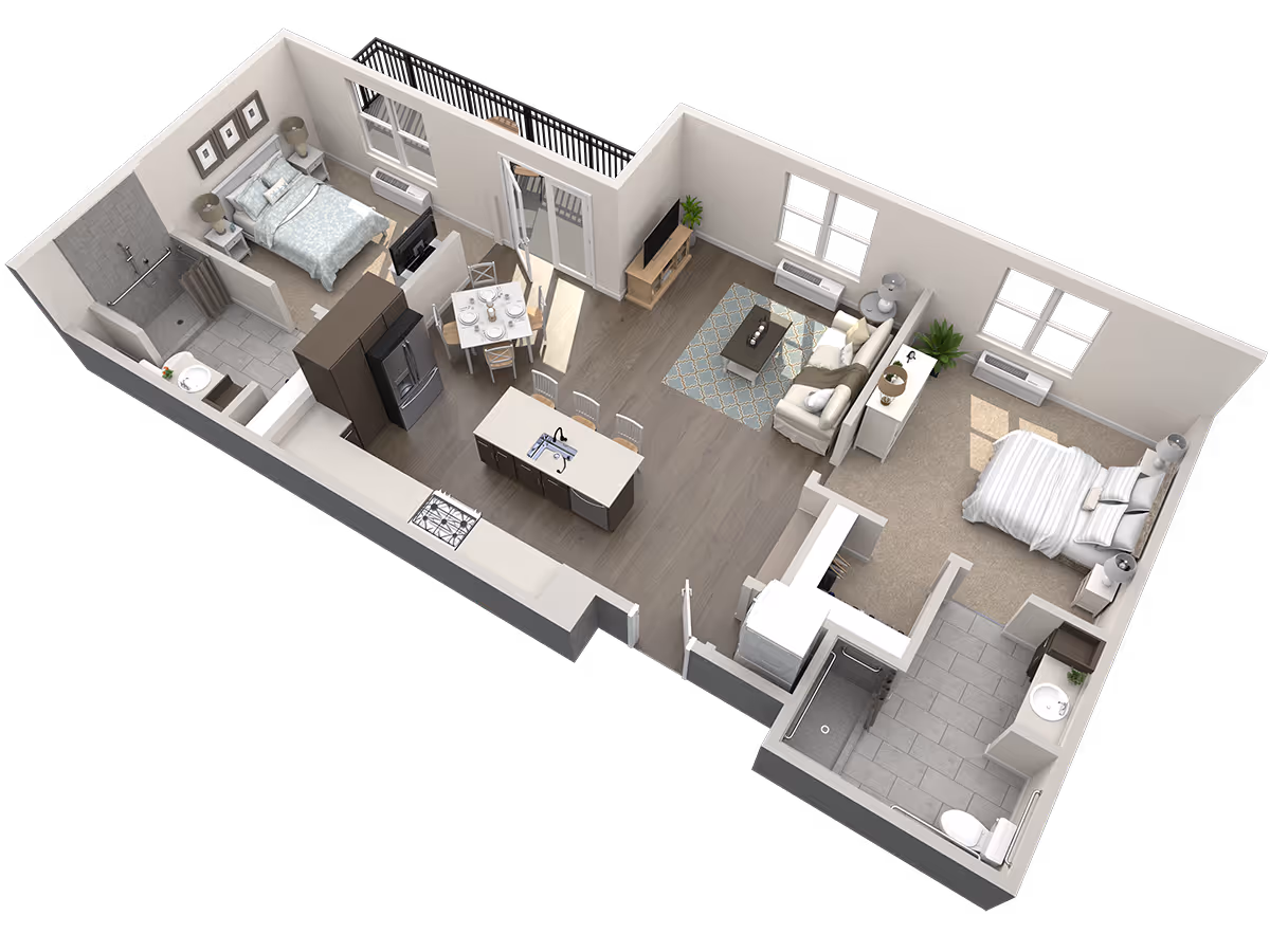 3D rendered floor plan of a two-bedroom apartment with an open kitchen and island, dining area, living room, and two bathrooms.