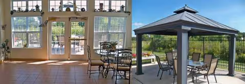 Indoor seating area with glass doors and a covered outdoor gazebo with patio tables.