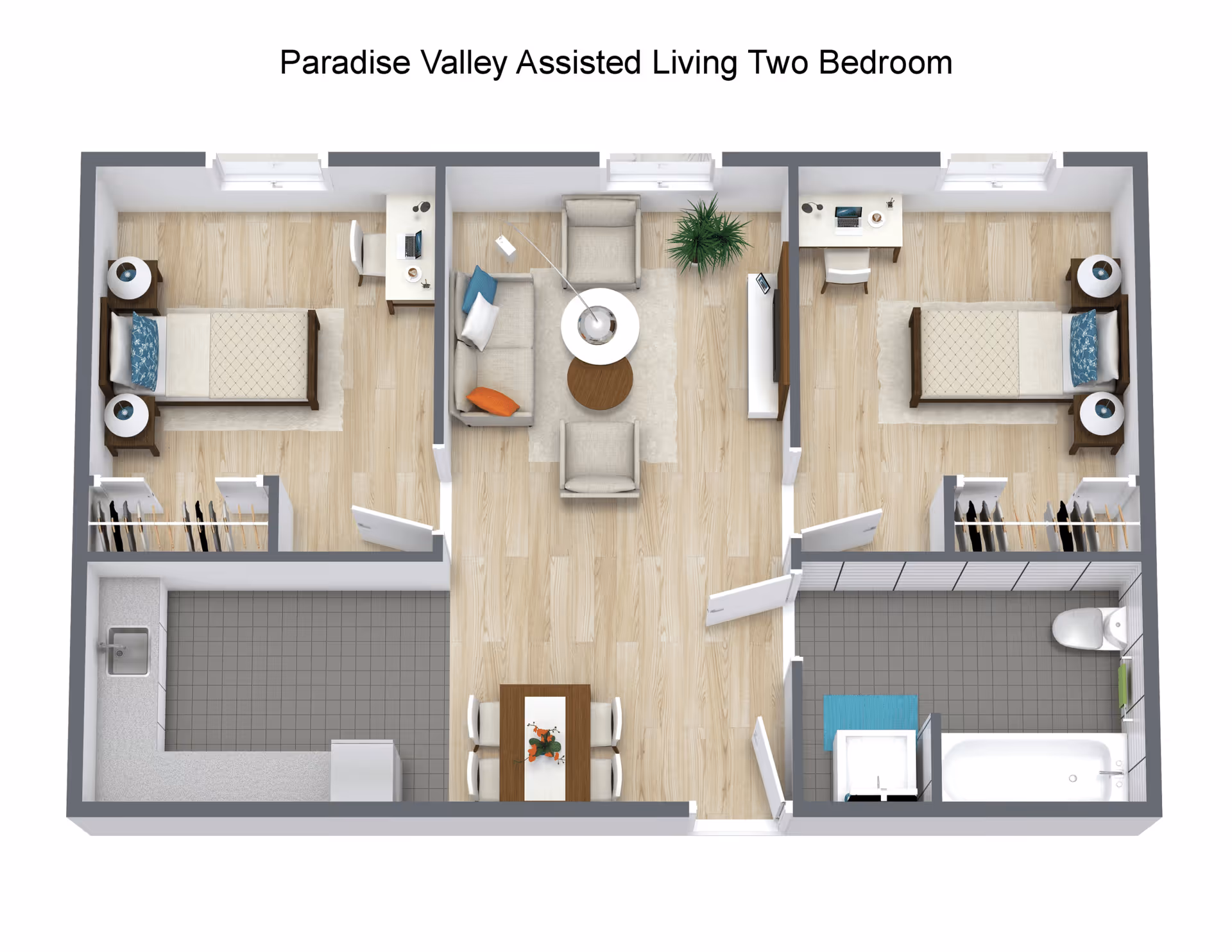 3D floor plan of Paradise Valley Assisted Living two-bedroom unit showing two bedrooms each with a bed, nightstands, and a desk. The unit includes a living room with sofa, armchairs, coffee tables, and a TV, a kitchen with sink and appliances, a dining area with a table and chairs, and a bathroom with a bathtub, toilet, and sink.