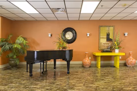 A common area with a black grand piano, a yellow console table, decorative vases and plants, and a wall clock against an orange wall.