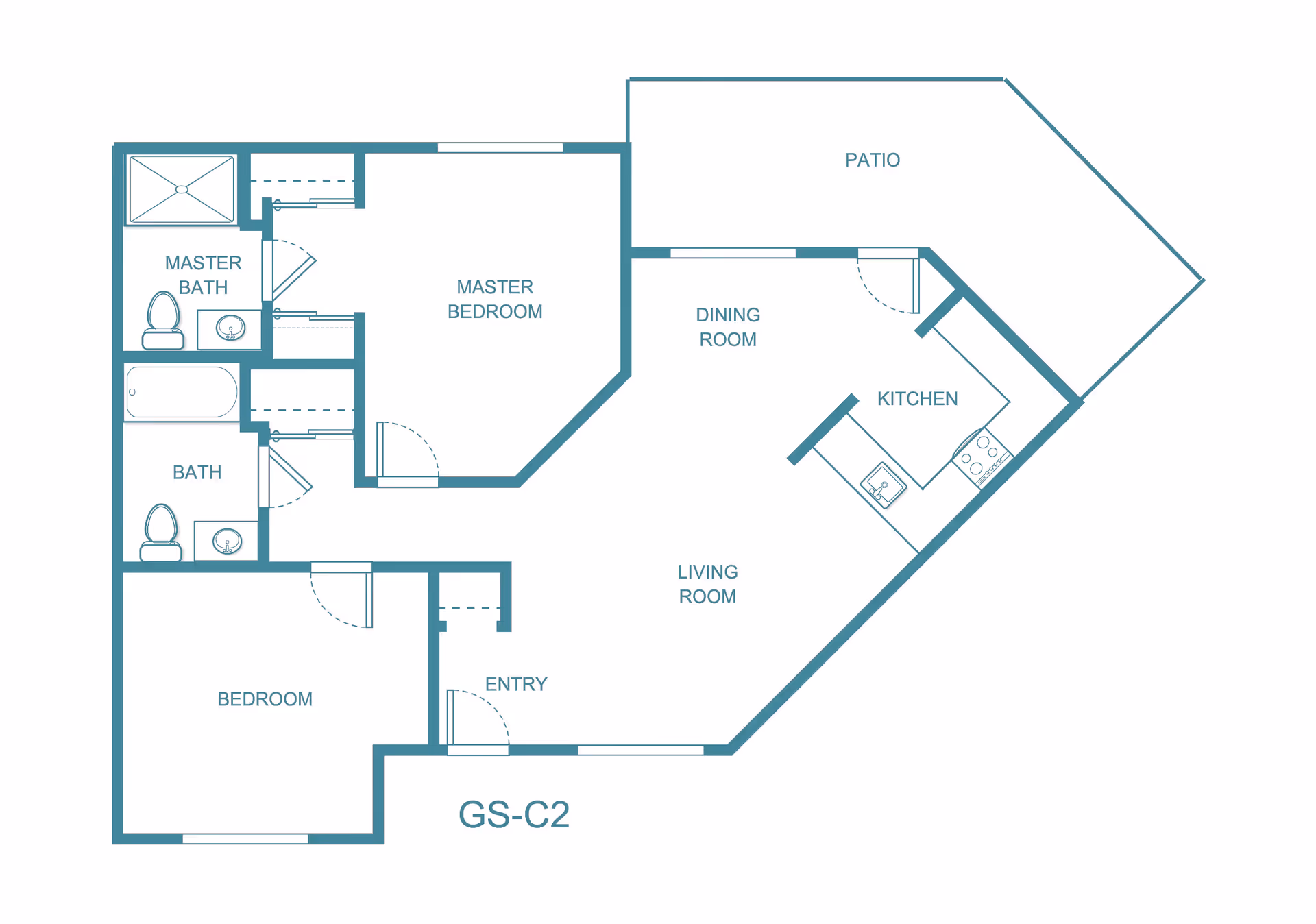 Floor plan of a residential unit labeled GS-C2 at Polo Park Estates - Sky Active Living, showing two bedrooms including a master bedroom with an attached master bath, a second bathroom, a kitchen, dining room, living room, entry area, and a patio.