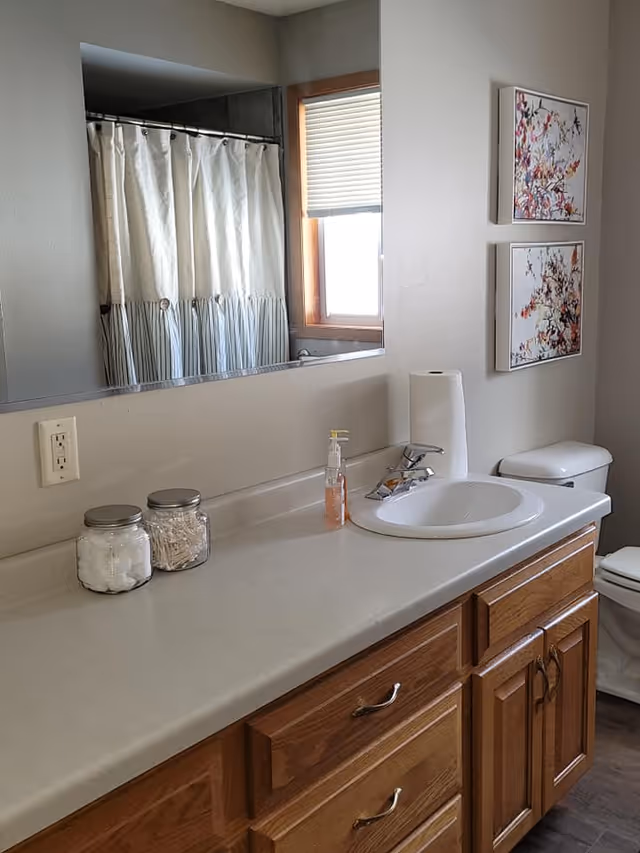 Bathroom vanity with sink, mirror, countertop jars and soap dispenser, toilet and shower with curtain visible.
