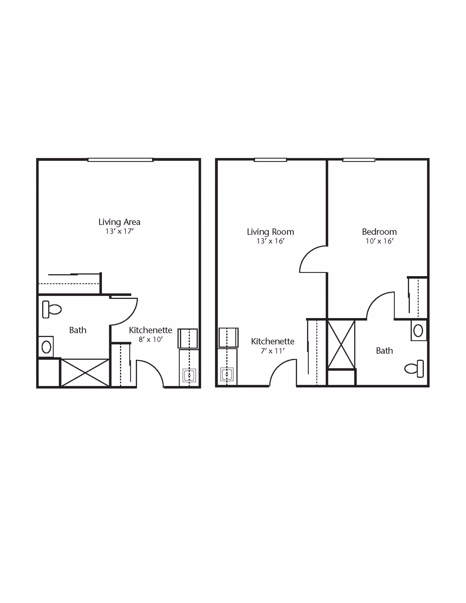 Architectural floor plan showing two layouts. The left layout includes a living area measuring 13 by 17 feet, a bath, and a kitchenette measuring 8 by 10 feet. The right layout includes a living room measuring 13 by 16 feet, a bedroom measuring 10 by 16 feet, a bath, and a kitchenette measuring 7 by 11 feet.