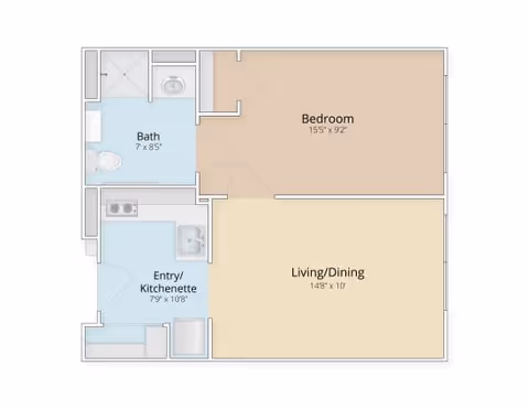 Floor plan of a living space at Granite Hill Estates showing a bedroom measuring 15 feet 5 inches by 9 feet 2 inches, a combined living and dining area measuring 14 feet 8 inches by 10 feet, a bathroom measuring 7 feet by 8 feet 5 inches, and an entry/kitchenette area measuring 7 feet 9 inches by 10 feet 8 inches.