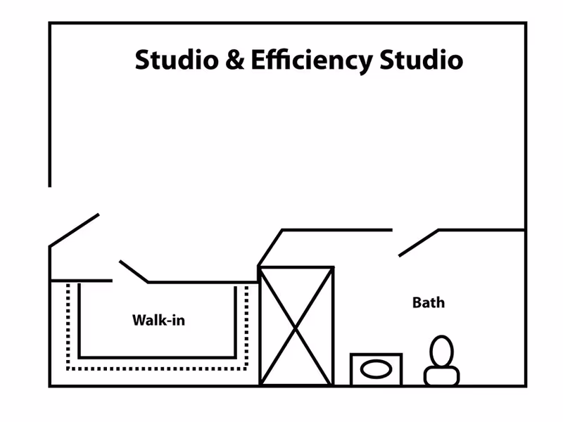 Floor plan layout of a studio and efficiency studio apartment showing a walk-in closet and a bathroom with a toilet and sink.