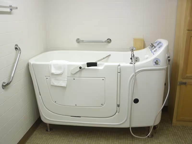 A white walk-in bathtub with a door, grab bars on the walls, a handheld showerhead, and control knobs, situated in a tiled bathroom with a wooden door partially visible on the right.
