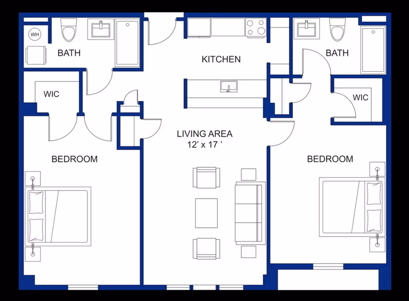 Blueprint-style floor plan of a two-bedroom, two-bath apartment with a central living area and kitchen.