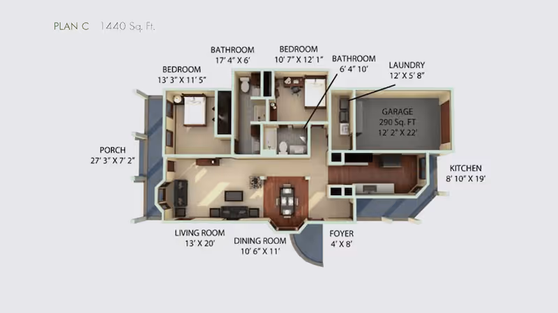 3D floor plan of a senior living unit named Plan C with 1440 square feet, showing two bedrooms, two bathrooms, a porch, living room, dining room, kitchen, laundry area, foyer, and garage with dimensions labeled for each room.