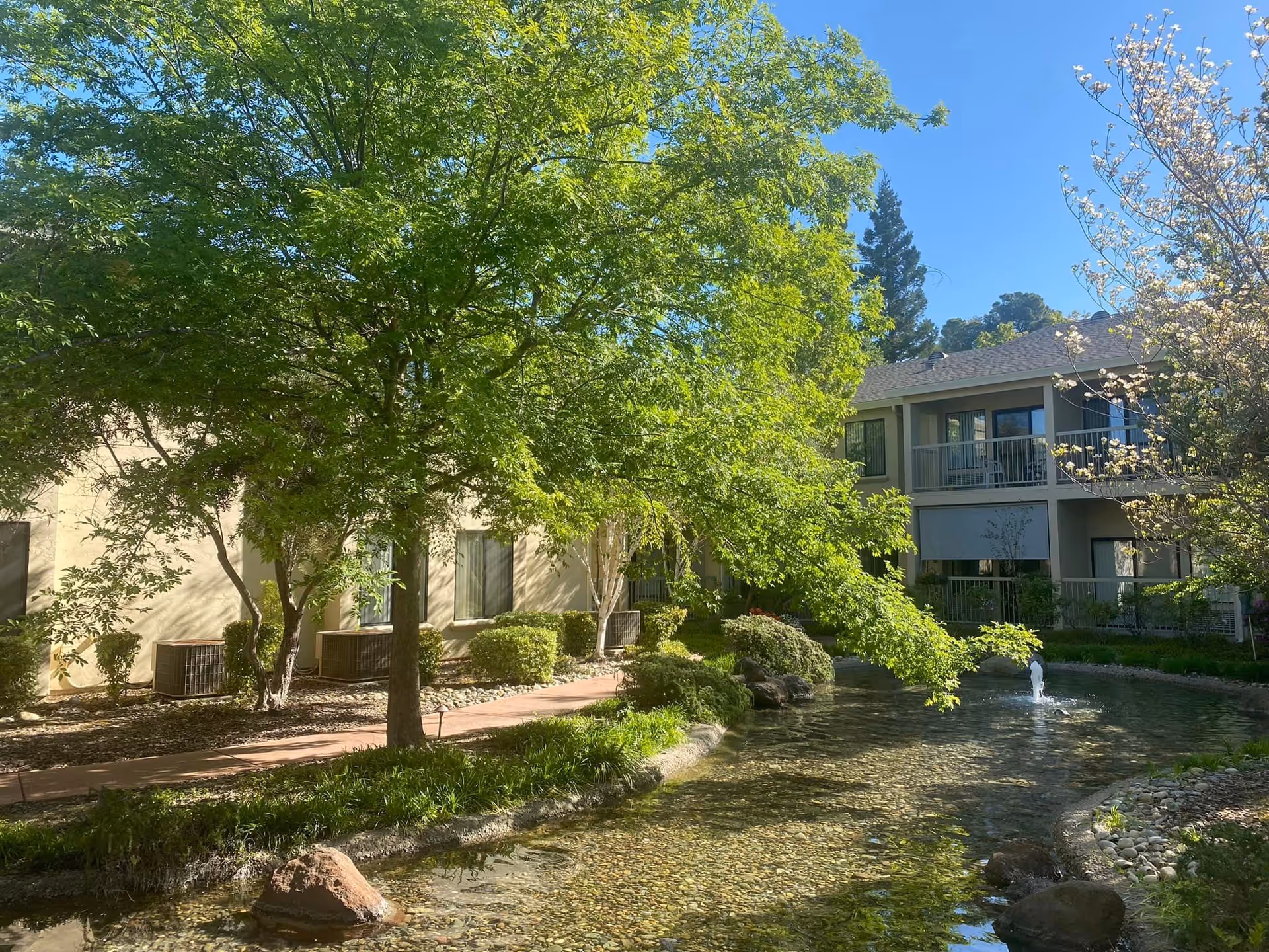 A serene outdoor garden area at Winding Commons Senior Living featuring a clear pond with a small fountain, surrounded by lush green trees and bushes. A beige two-story building with balconies and windows is visible in the background under a clear blue sky.