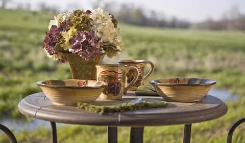 A round outdoor table set with two bowls, two mugs, a folded napkin, and a flower pot with purple and white hydrangeas, with a grassy field in the background.