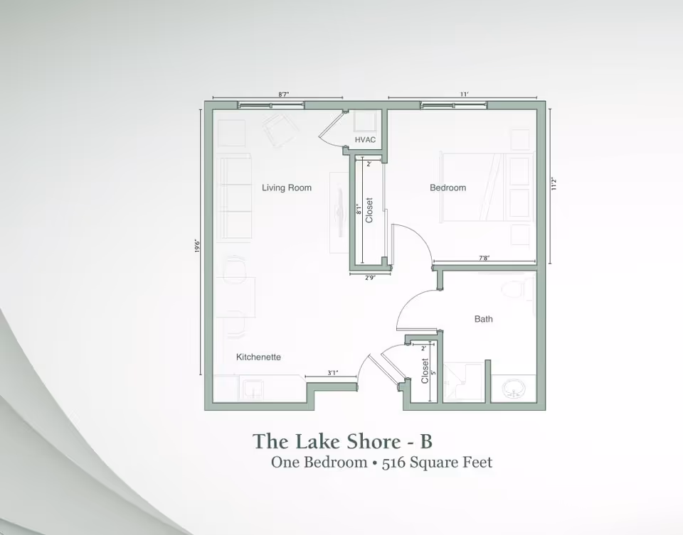 Architectural floor plan of a one-bedroom apartment named The Lake Shore - B, measuring 516 square feet. The layout includes a living room with a kitchenette, a bedroom, a bathroom, and two closets. Dimensions of each room and some furniture placements are indicated.