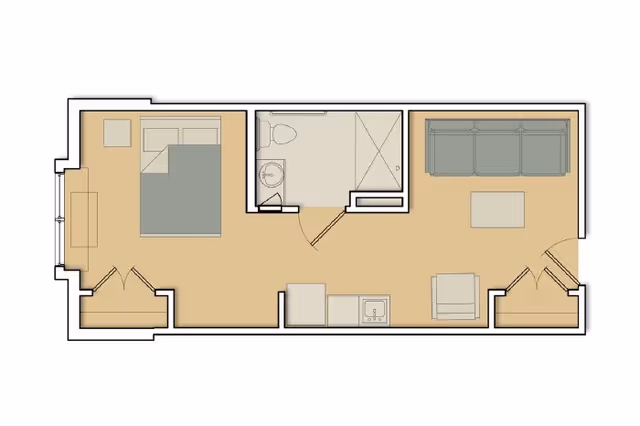 Floor plan of a small apartment unit featuring a bedroom with a bed and dresser, a bathroom with a toilet, sink, and shower, and a living area with a sofa, armchair, coffee table, and kitchenette with a sink and counter space.