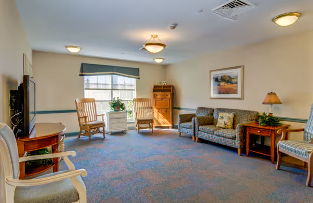 A bright and spacious living room with patterned carpet, two wooden rocking chairs, a floral upholstered sofa, and several other chairs. There is a wooden dresser, a side table with a lamp, a TV on a wooden stand, and a window with a valance letting in natural light. A framed landscape painting hangs on the wall.