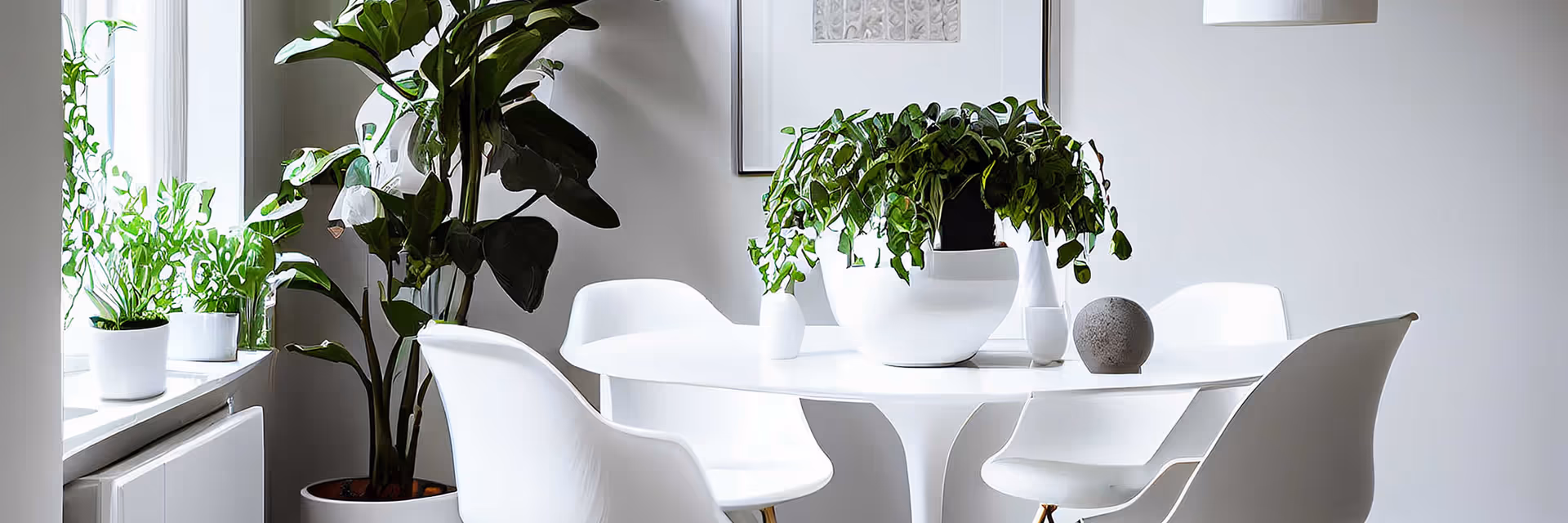 Bright dining area with a round white table, white chairs, and several potted plants.