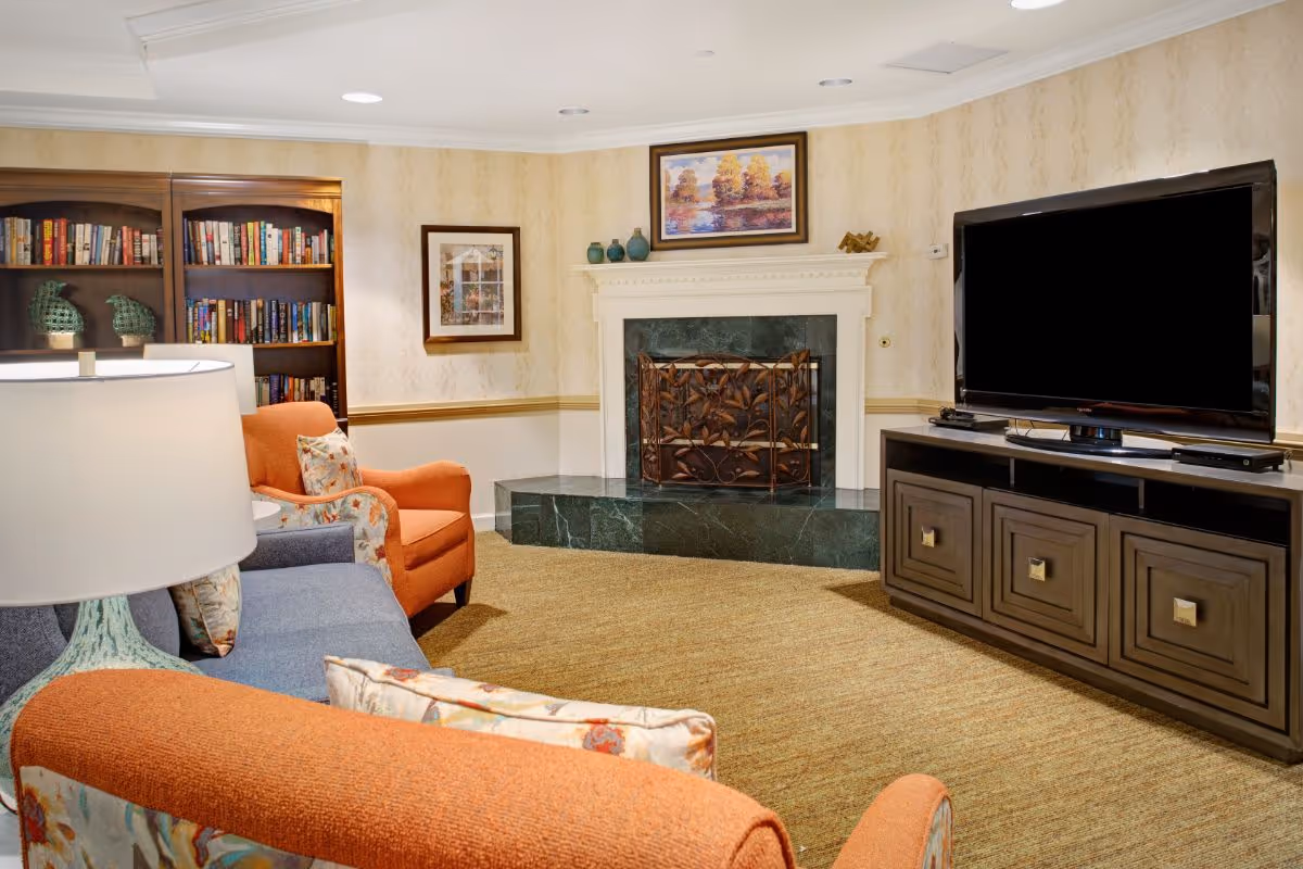 A cozy living room with a blue sofa and an orange armchair, a large flat-screen TV on a dark wooden cabinet, a fireplace with a decorative screen, a bookshelf filled with books, and framed artwork on the walls.