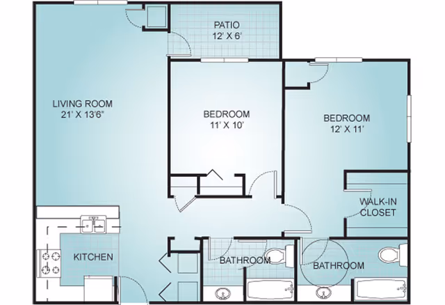 Floor plan of a senior living apartment at Riviera Senior Living showing a living room, kitchen, two bedrooms, two bathrooms, a walk-in closet, and a patio.