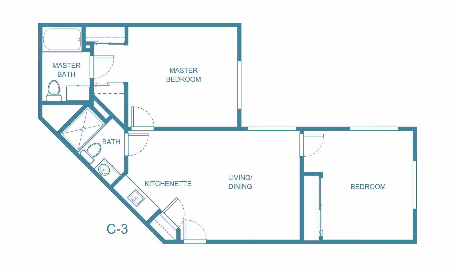 Floor plan layout of a living space labeled C-3, showing a master bedroom with an attached master bath, a second bedroom, a living/dining area, a kitchenette, and a second bathroom.