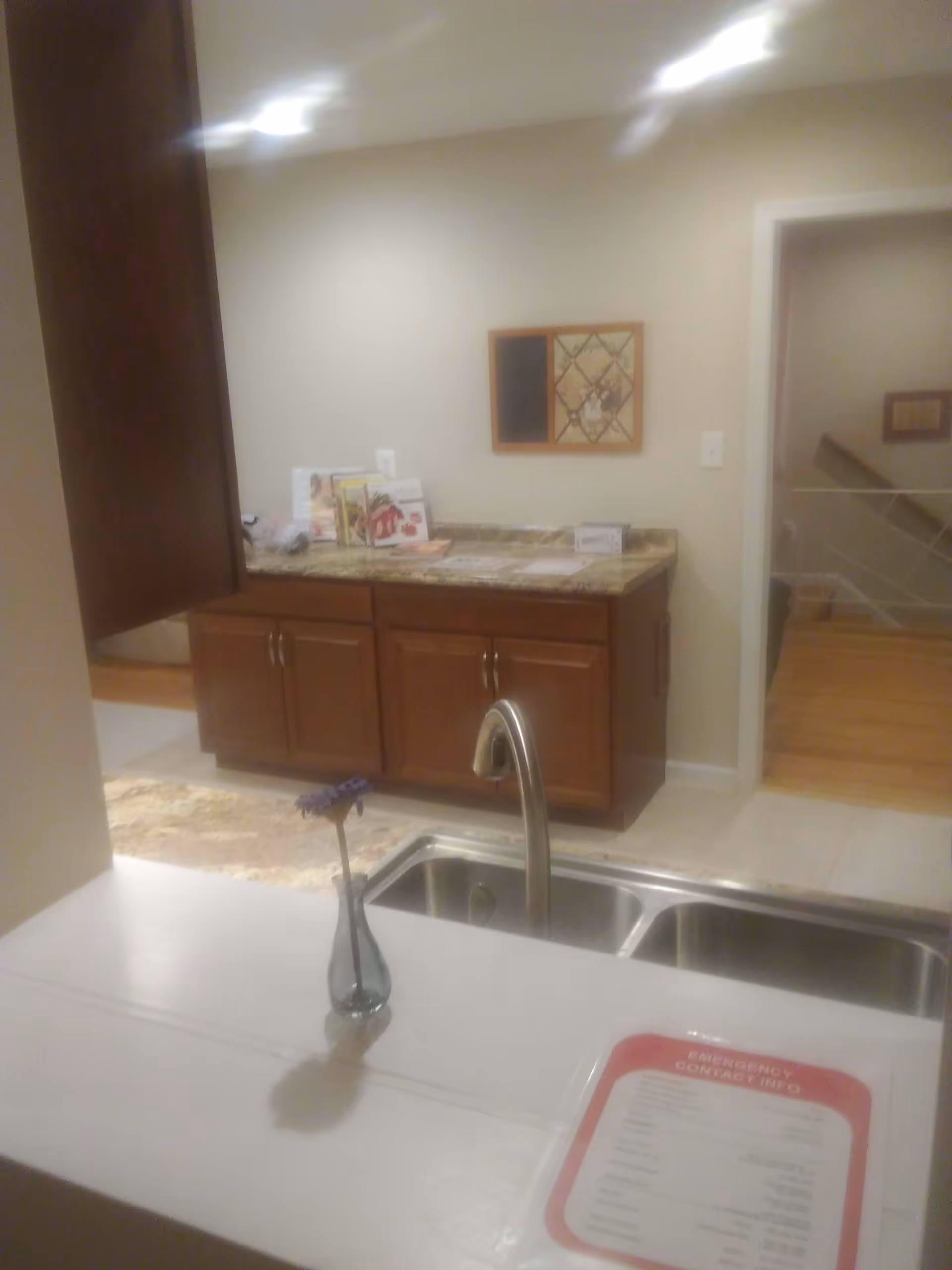 Interior view of a kitchen area with a double sink and a small vase with a purple flower on the counter. In the background, there is a countertop with wooden cabinets underneath and some papers or brochures on top. A framed decorative piece hangs on the wall above the countertop. To the right, there is an open doorway leading to a hallway with wooden flooring and stairs.