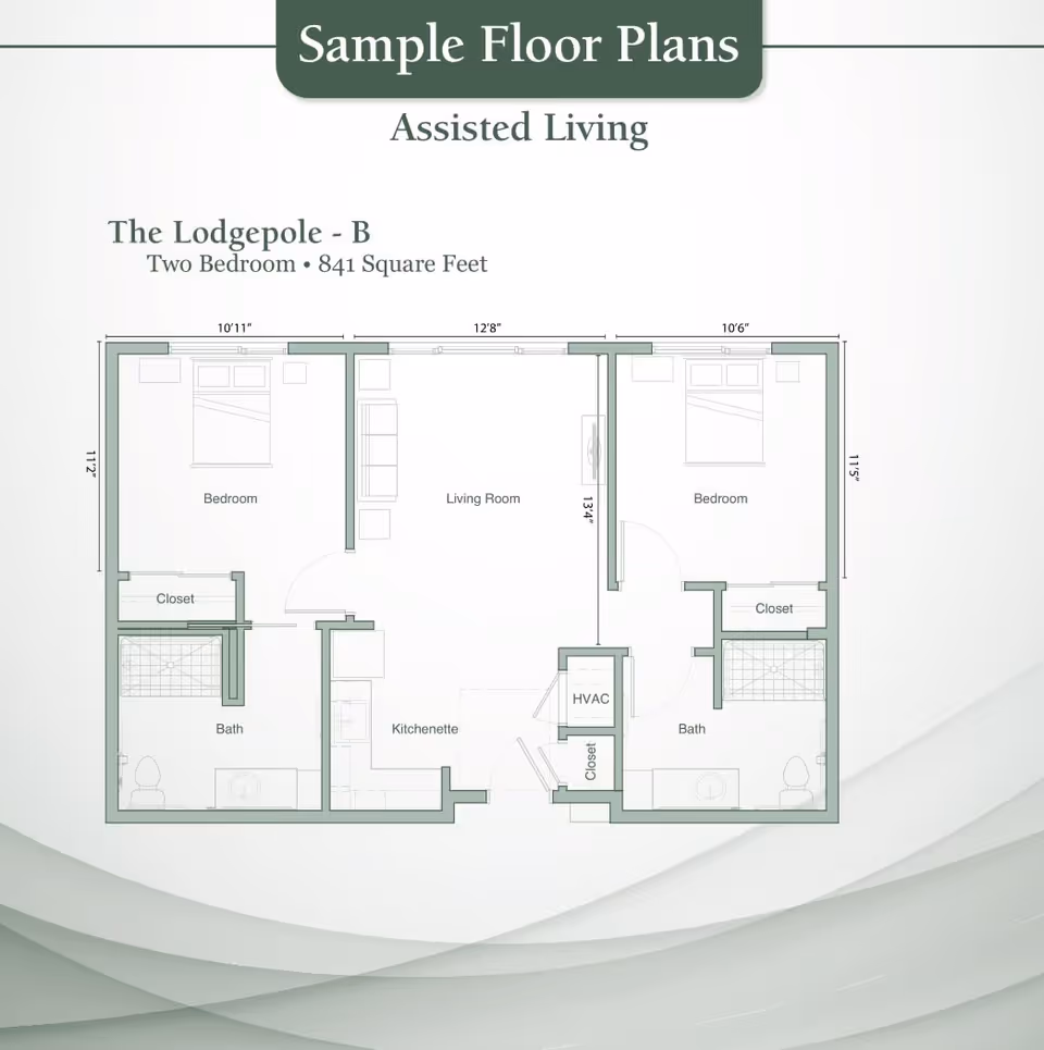 Floor plan labeled 'The Lodgepole - B' showing a two-bedroom assisted living unit with 841 square feet. The layout includes two bedrooms each with a closet, two bathrooms, a living room, a kitchenette, and an HVAC closet.