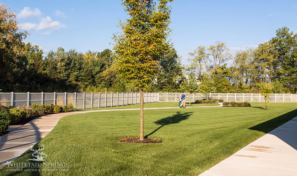A spacious outdoor area with a well-maintained green lawn, a few young trees, and a curved concrete walking path. Two people are walking along the path near a white fence that encloses the area. The sky is clear and blue, and there are trees in the background.