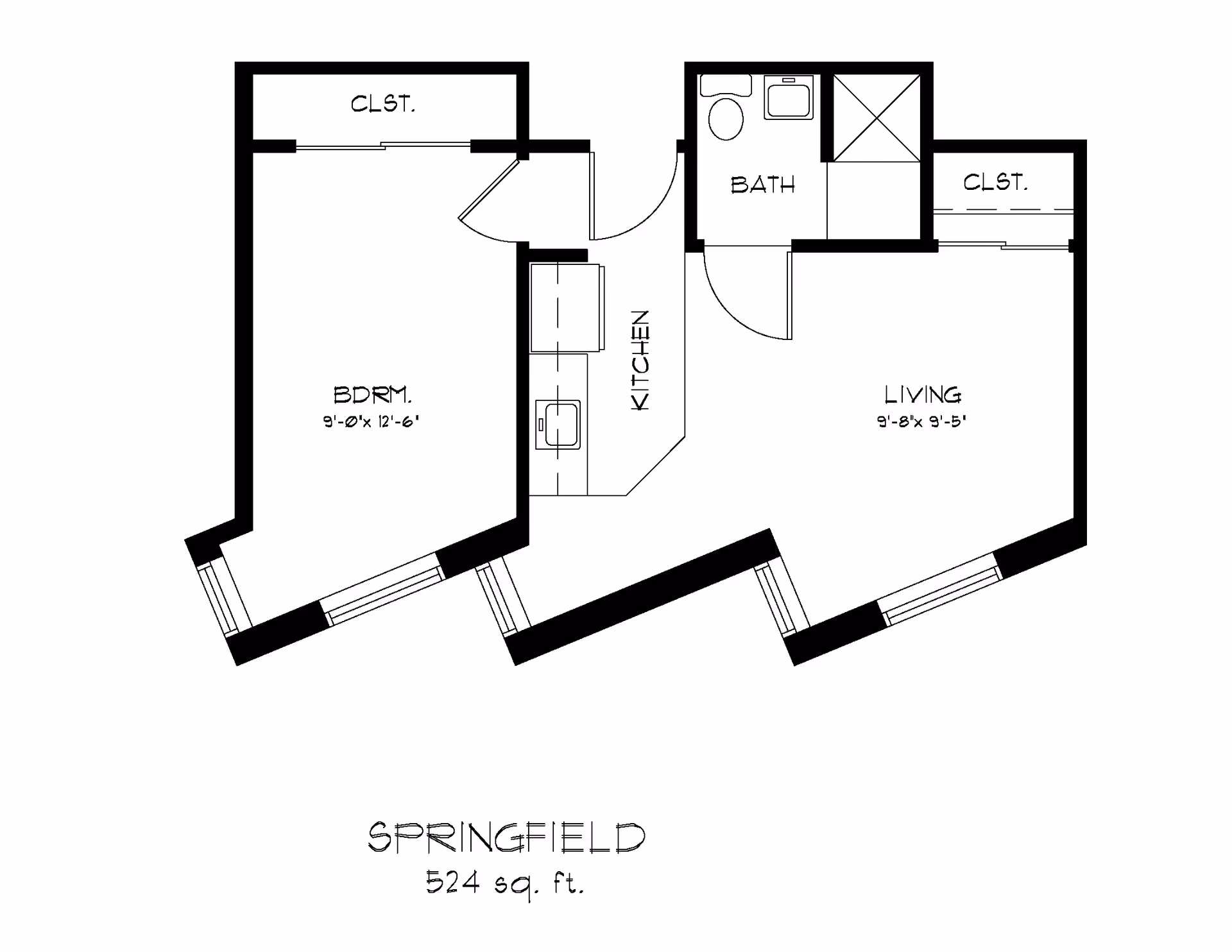 Architectural floor plan of a 524 square feet apartment named Springfield, featuring a bedroom with closet, a kitchen, a bathroom, a living area with closet, and labeled dimensions for each room.